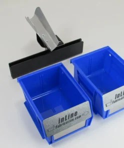 Inline Fabrication Output and Empty Case Bin System for Dillon 550 Press with Large Blue Bins & Bin Barriers